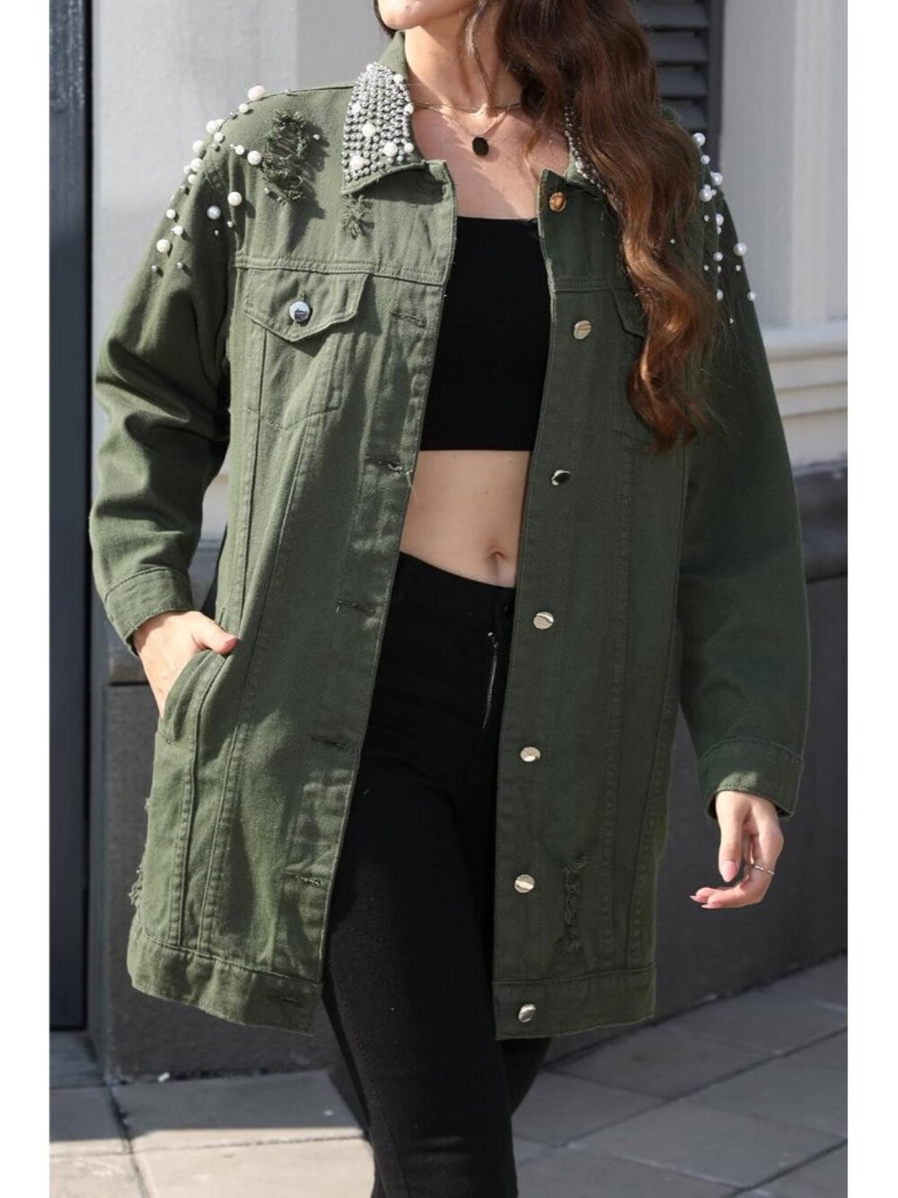 Women’s Green Long Sleeve Denim Jacket Pearl Button Down Imported Boyfriend Coat - Picture 2 of 6